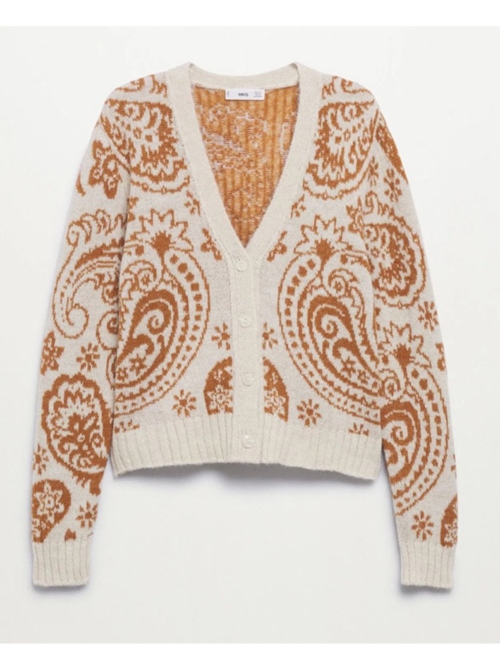 Mango Cream and Rust Paisley bandanna V‑Neck Cardigan